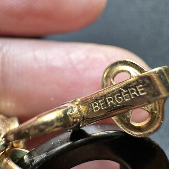 Vintage Bergere Earrings Door Knocker Clip On Gold‎ Black Tone Signed Retro 1.5" - Picture 4 of 5